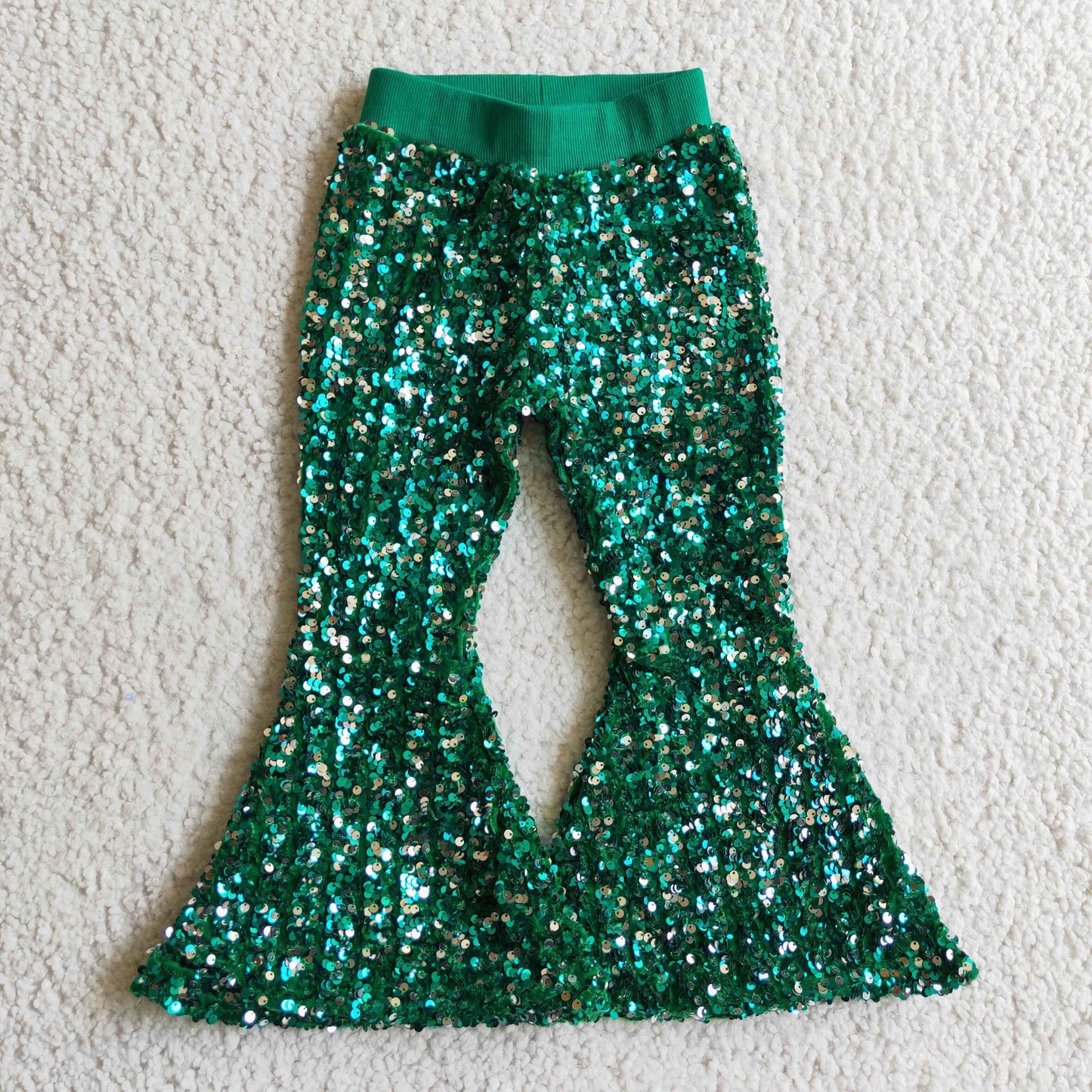 P0033 green sequin flare pants