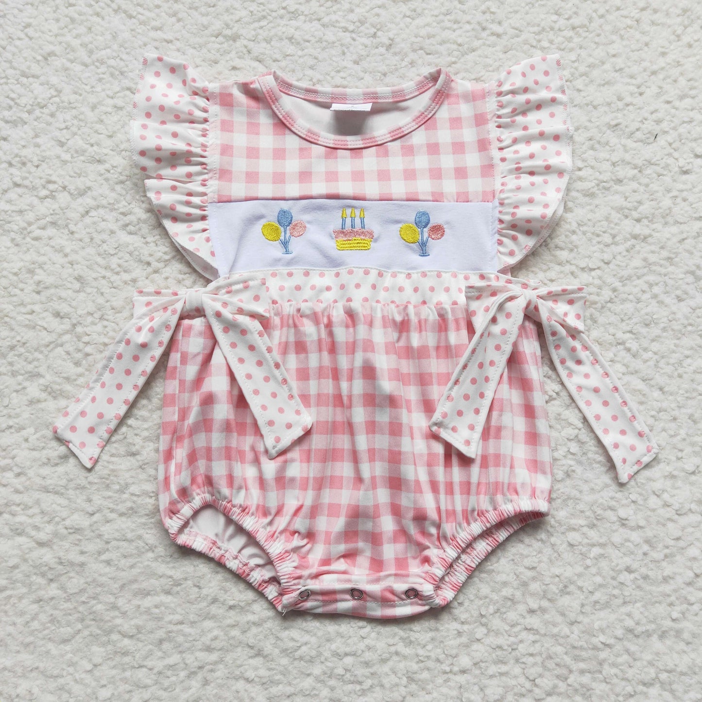 SR0269 Girls Embroidered Cake Balloon Pink Flying Sleeve Onesie