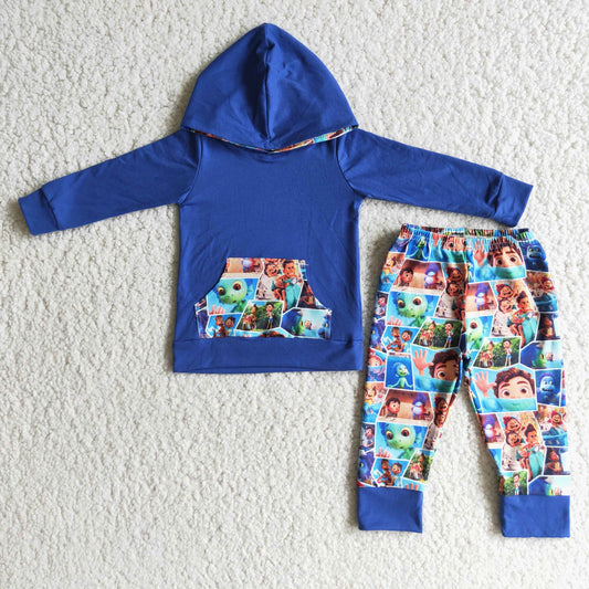 6 C7-21 2pcs blue hooded boys outfits