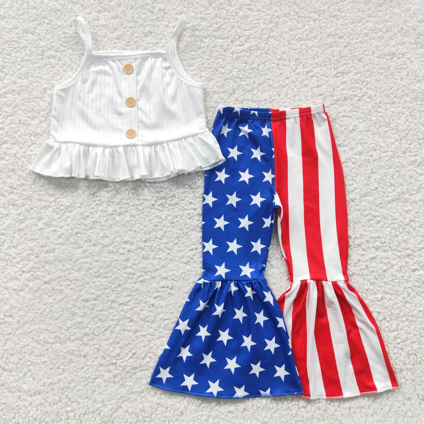 GSPO0480 Girls White Vest Stars Stripes Trouser Set