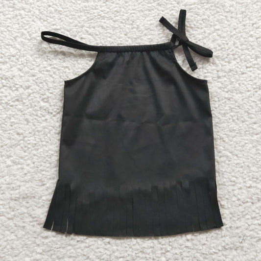 GT0088 Girls Black Tassel Halter Top