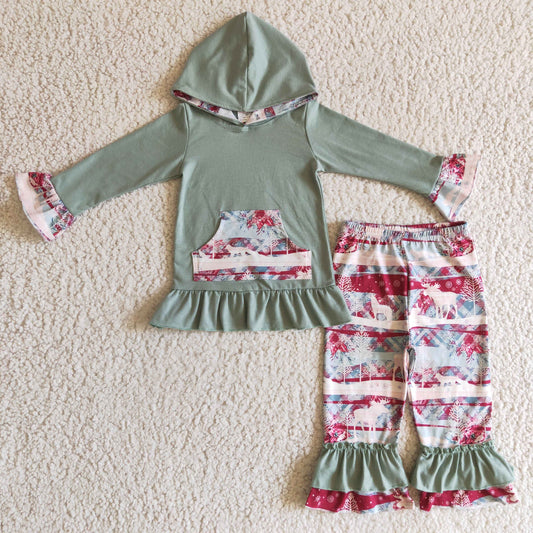 GLP0276 girls christmas outfit long sleeve and long pants deer print with a hat