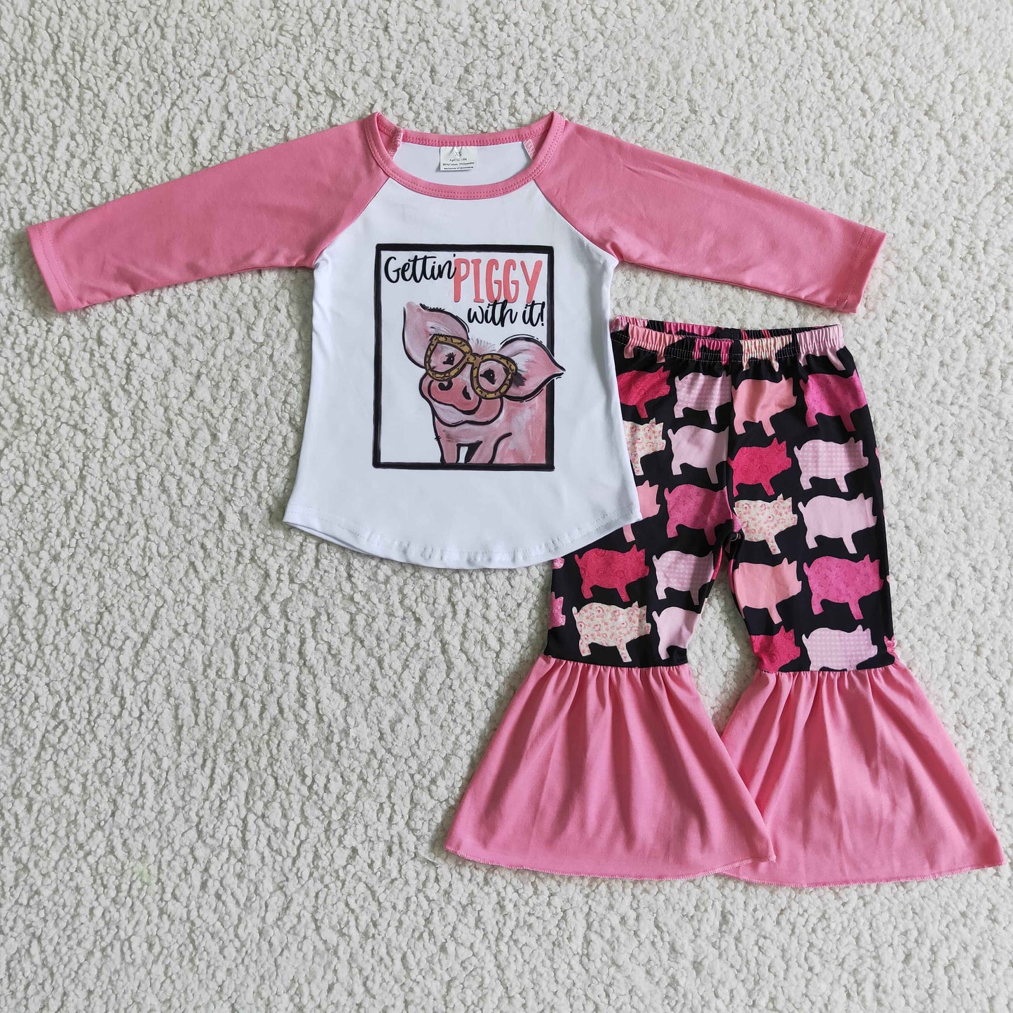 6 A10-17 girls outfit long sleeve and long pants pink pig print