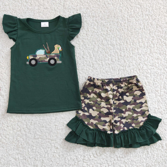 GSSO0145 Girls Embroidered Camouflage Car Dog Green Fly Sleeve Shorts Set