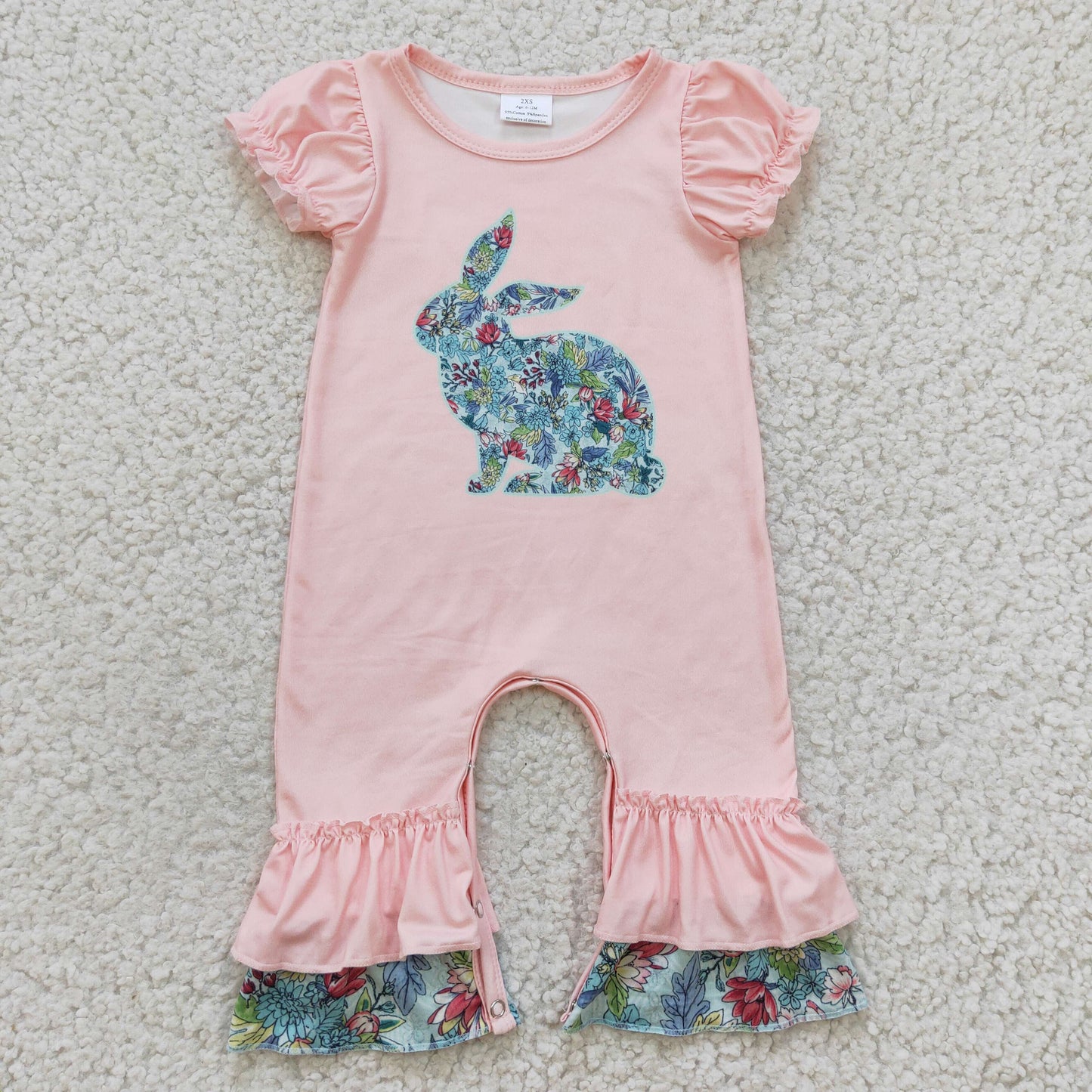 SR0163 Girls Flower Rabbit Pink Short Sleeves Romper