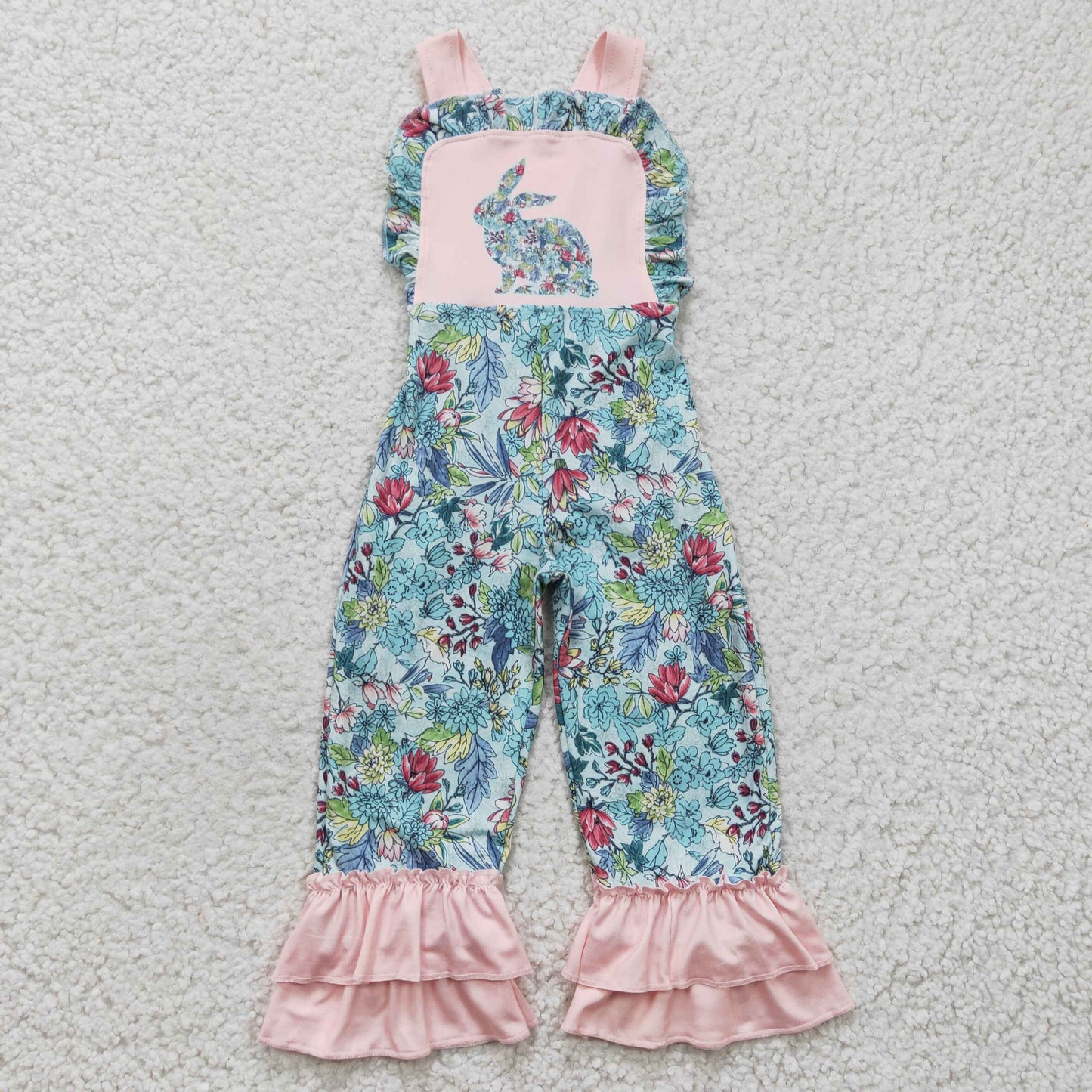 SR0164 Girl Easter Flower Rabbit Pink Suspenders Romper