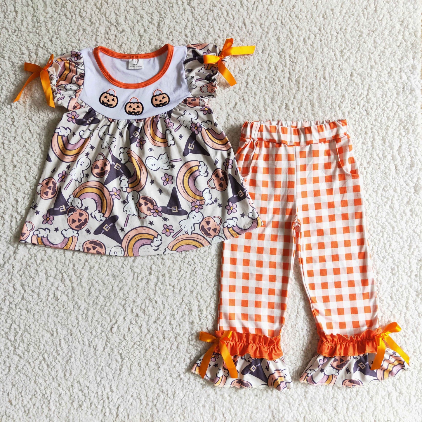GSPO0176 girls Halloween outfit short sleeve and long pants pumpkin print