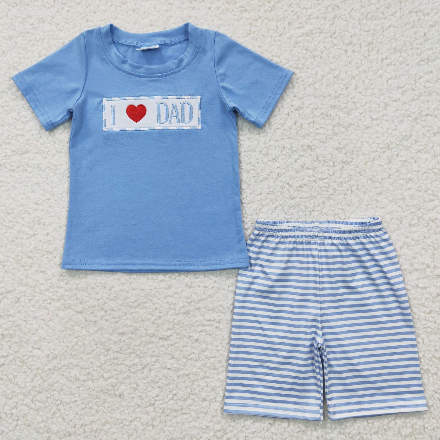 BSSO0172 Boys Embroidered I LOVE DAD Blue Short Sleeve Shorts Set