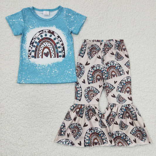 GSPO0338 Girls Love Leopard Print Rainbow Blue Short Sleeve Trousers Set