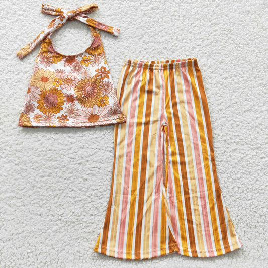 GSPO0579 ribbed Girls sun flower Halter Neck Colorful Stripe Trouser Set