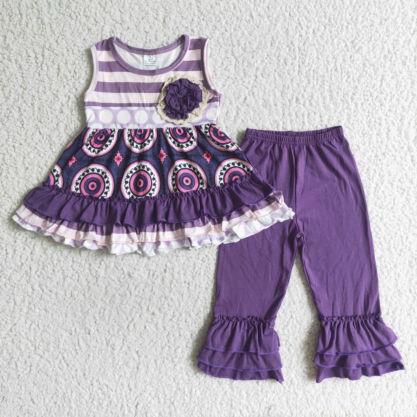 C2-5 Girls purple Sleeveless Top with flower Print long  Pants  Spring and fall