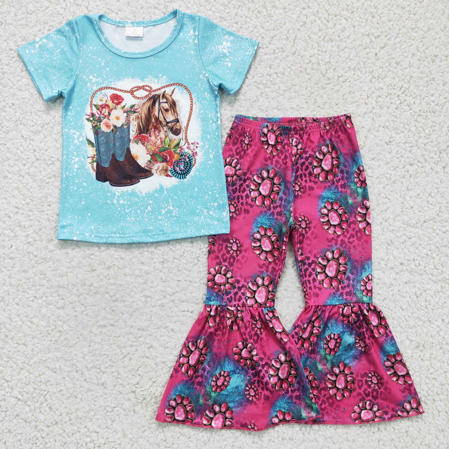 GSPO0312 Girls Boots Horse Blue Short Sleeve Pants Set Short Sleeve Pant Set Milk Silk