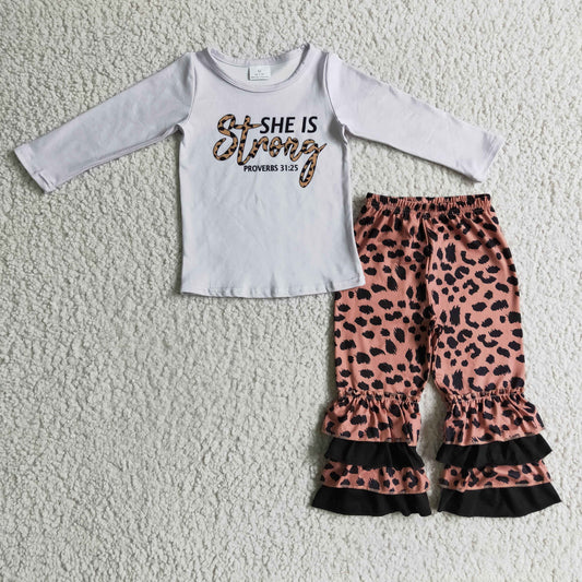 GLP0335 Kids Clothing Girls Long Sleeve Top And Long Leopard Pants Cartoon Print