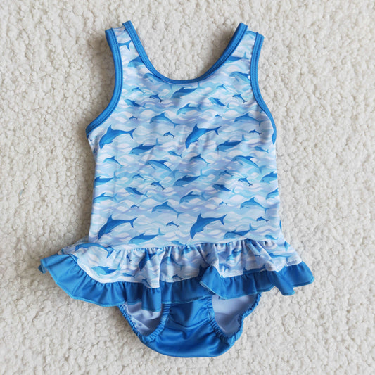 blue whale pattern one piece  swimsuit
