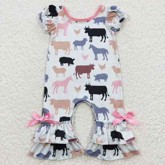 SR0328 Cow Horse Chicken White Short Sleeve Jumpsuit