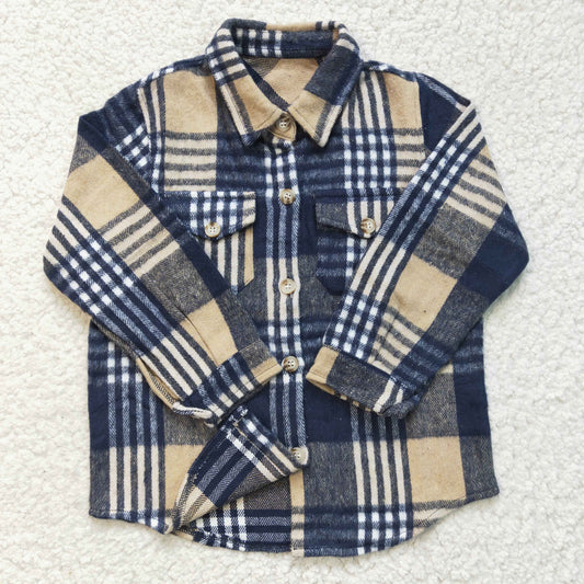 BT0186 Boys Blue Khaki Striped Plaid Long Sleeve Shirt