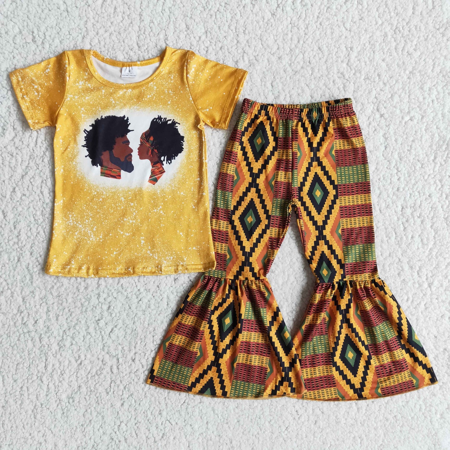 yellow bleached shirt blackmen pattern long pants set