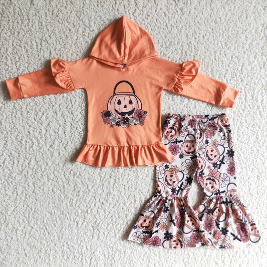 GLP0213 girls halloween clothing pumpkin print long sleeve long prints baby clothing milk silk with a hat