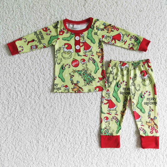 BLP0073  2pcs Christmas cartoon print long sleeve match boy's pajamas outfits