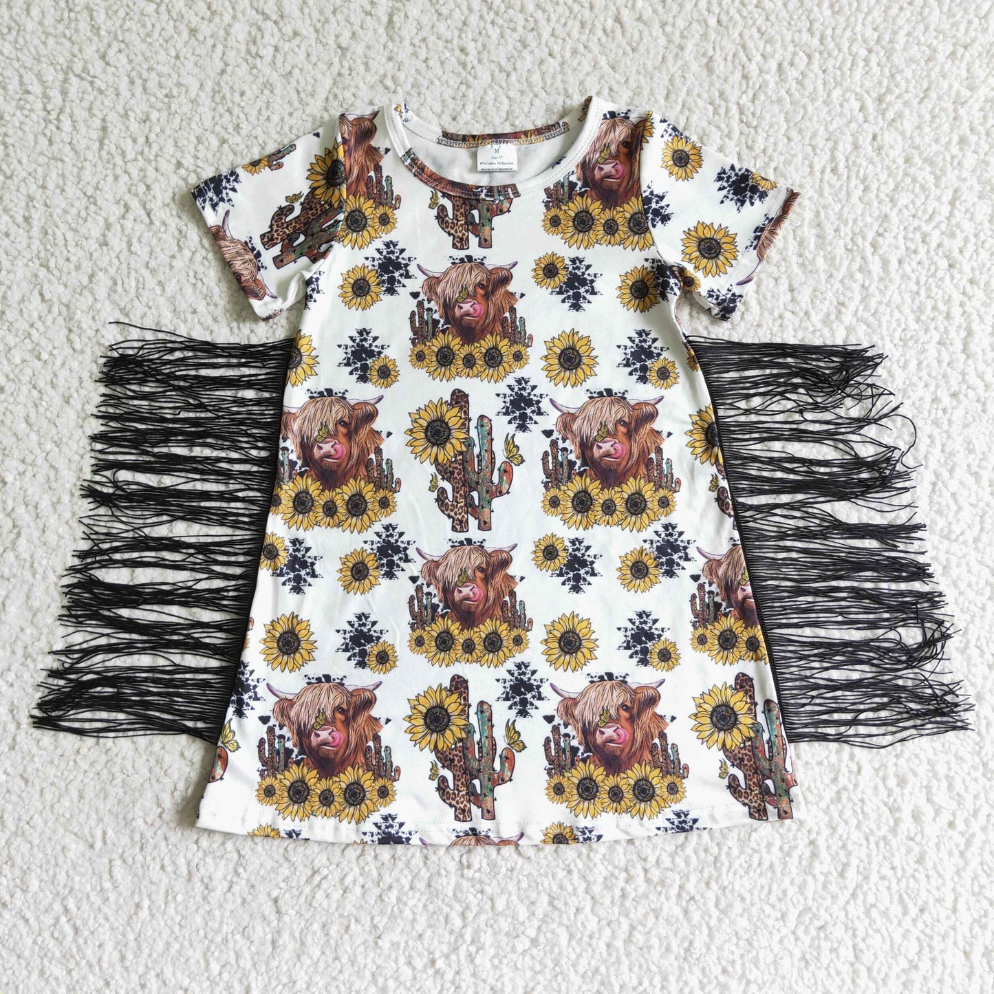 GSD0084 Girls Leopard Print Short Sleeve Dress With Cow Print fringed dress