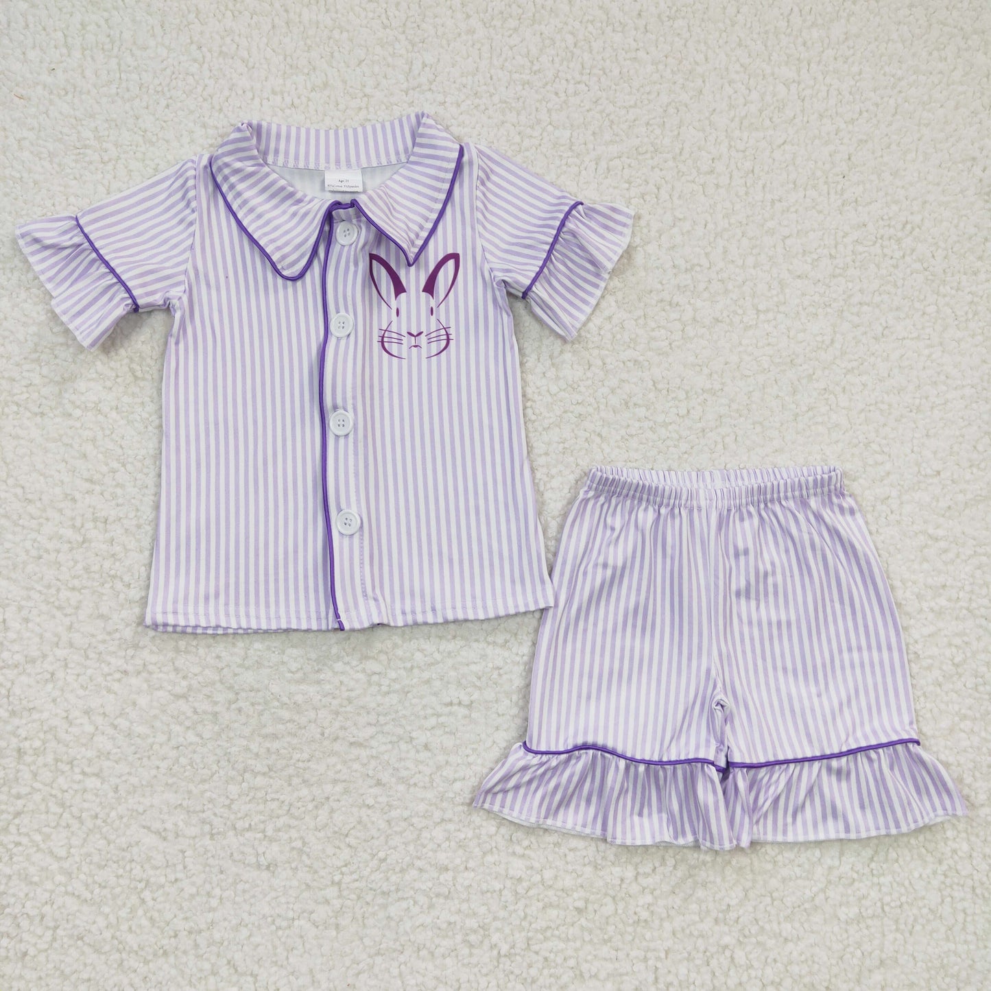 GSSO0144 Girls Rabbit Purple Striped Short Sleeve Shorts Set