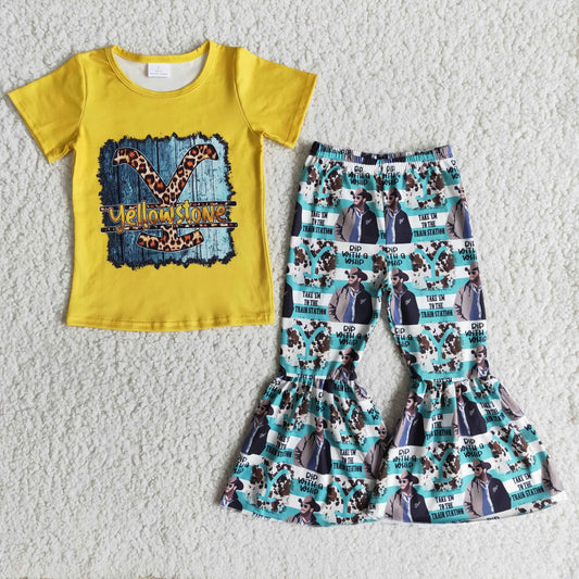 B1-17 yellow shirt men pattern long pants set