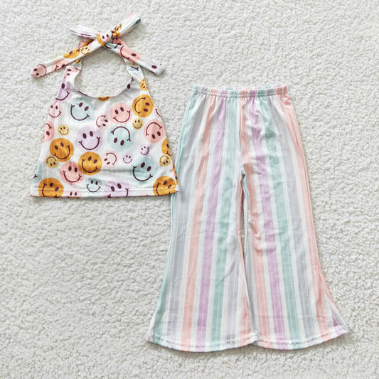 GSPO0580 Girls Smiley Halter Neck Colorful Striped Trousers Set