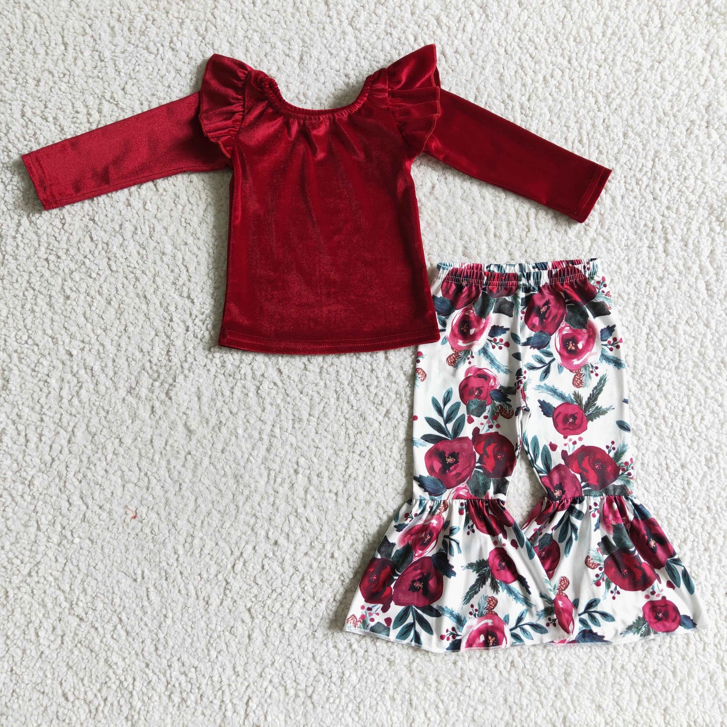 GLP0361 girls outfit red gold velvet long sleeve and long pants flower print