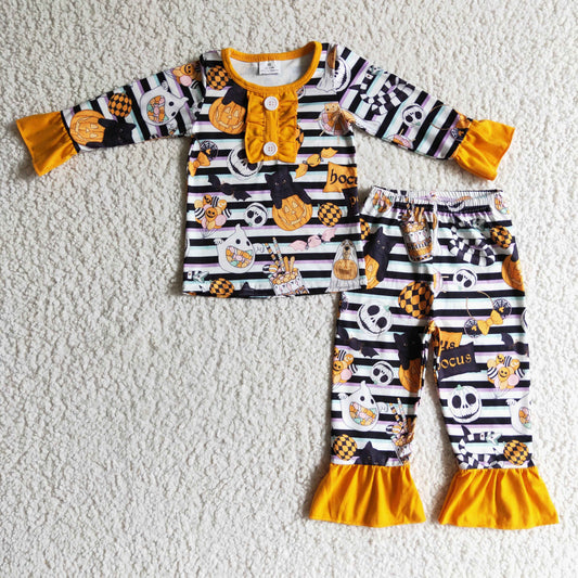 GLP0238 girl halloween long sleeve trousers pajamas pumpkin print