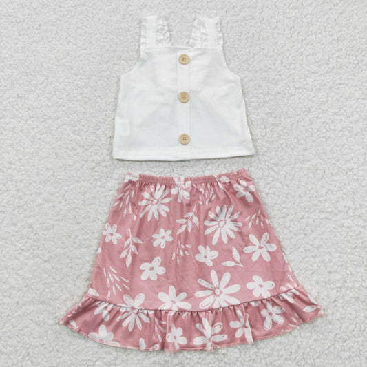RTS NO MOQ GSD0270 Girls White Vest Floral Pink Skirt Set