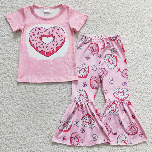 GSPO0378 Valentine's Day Girls Love Donut Pink Short Sleeve Trousers Set