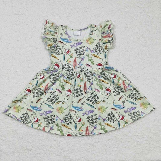 rts no moq GSD0155 baby clothing flying sleeve kids dresses for girls milk silk fishing print