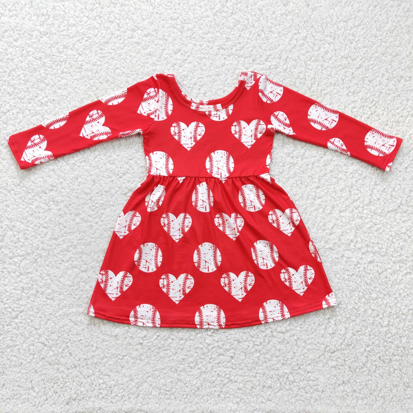 GLD0165 Girls Valentine's Day Heart Baseball Red Long Sleeve Dress