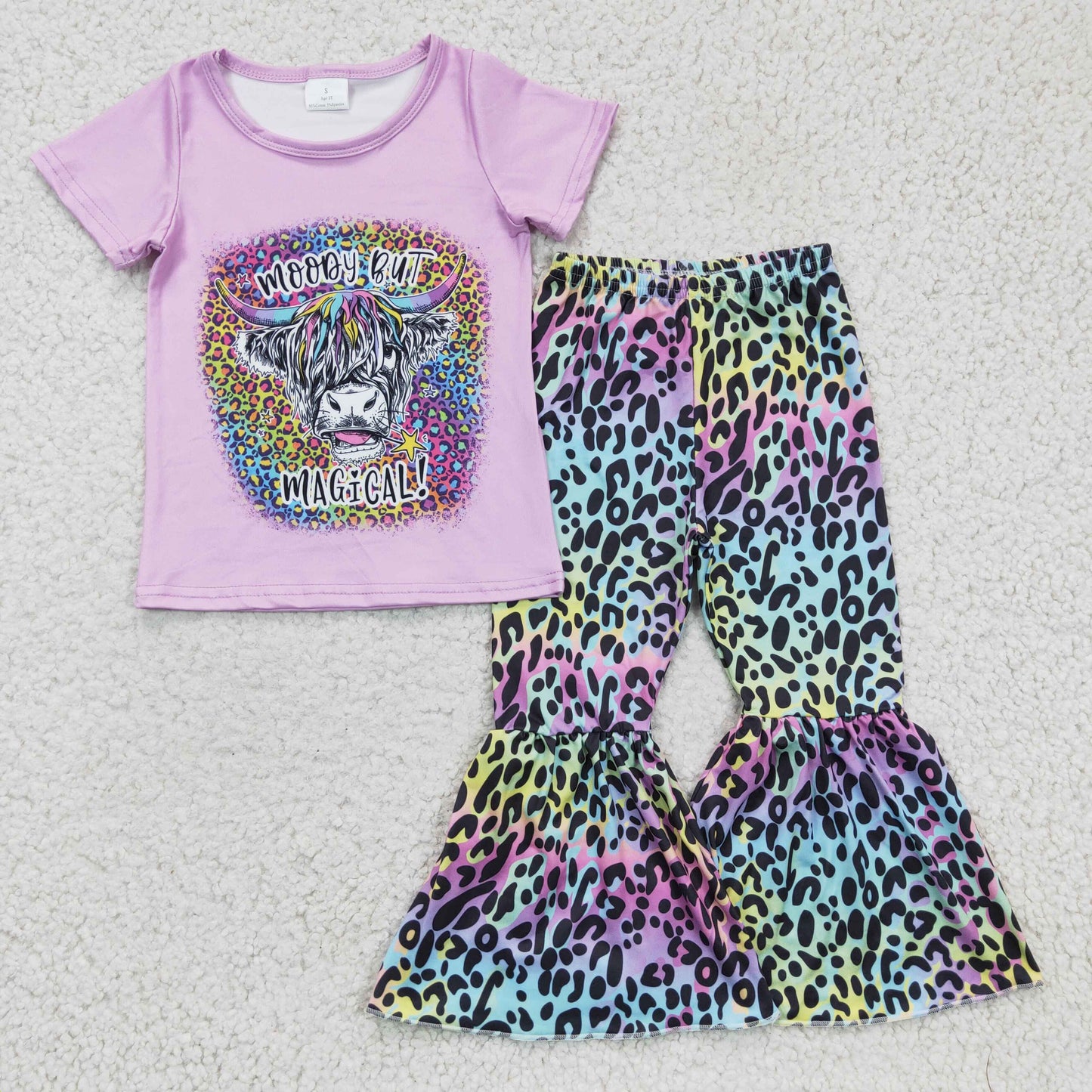 GSPO0240 Girls Outfit Cow Print Trousers Boutique Set Milk Silk