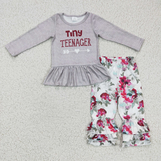 6 B12 -17 Girls Outfit Flower Print Trousers Boutique Set Milk Silk