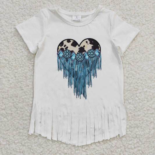 GT0137 GT0137 Girls Heart Gemstone Tassel White Short Sleeve Top