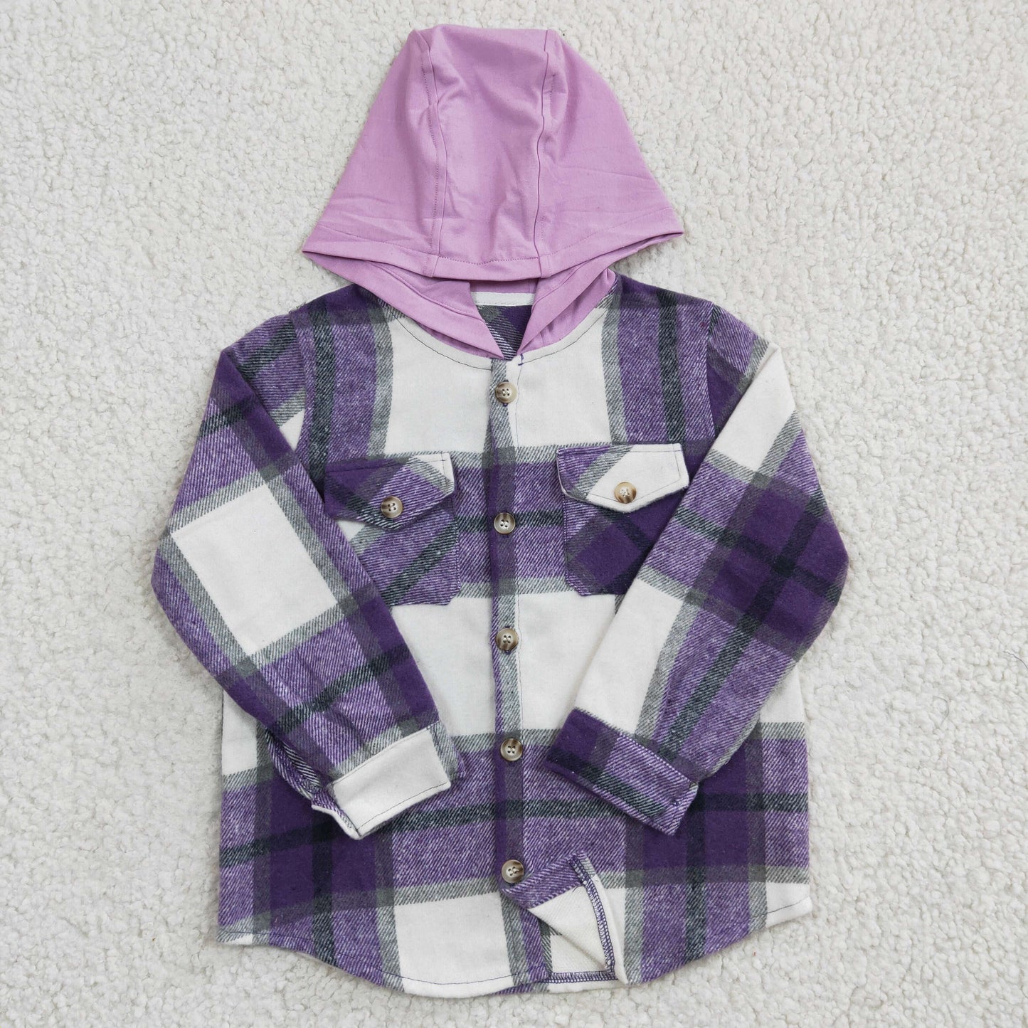 GT0150 Girls Purple Plaid Hooded Long Sleeve Shirt