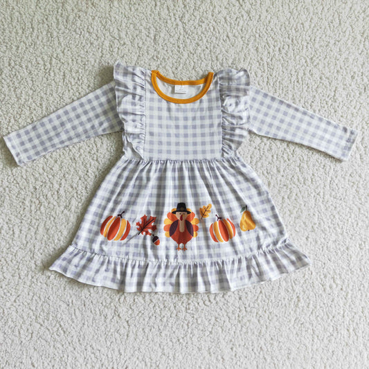 GLD0056 baby clothing long sleeve turkey print thanksgiving kids dresses for girls milk silk