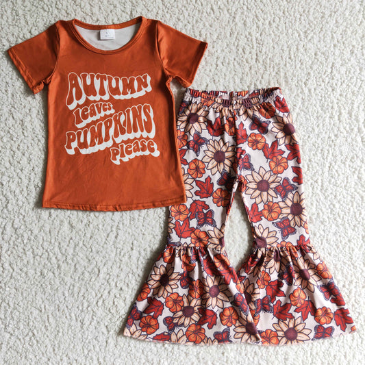 GSPO0193 Girls outfit short sleeve long pants set maple leaf print