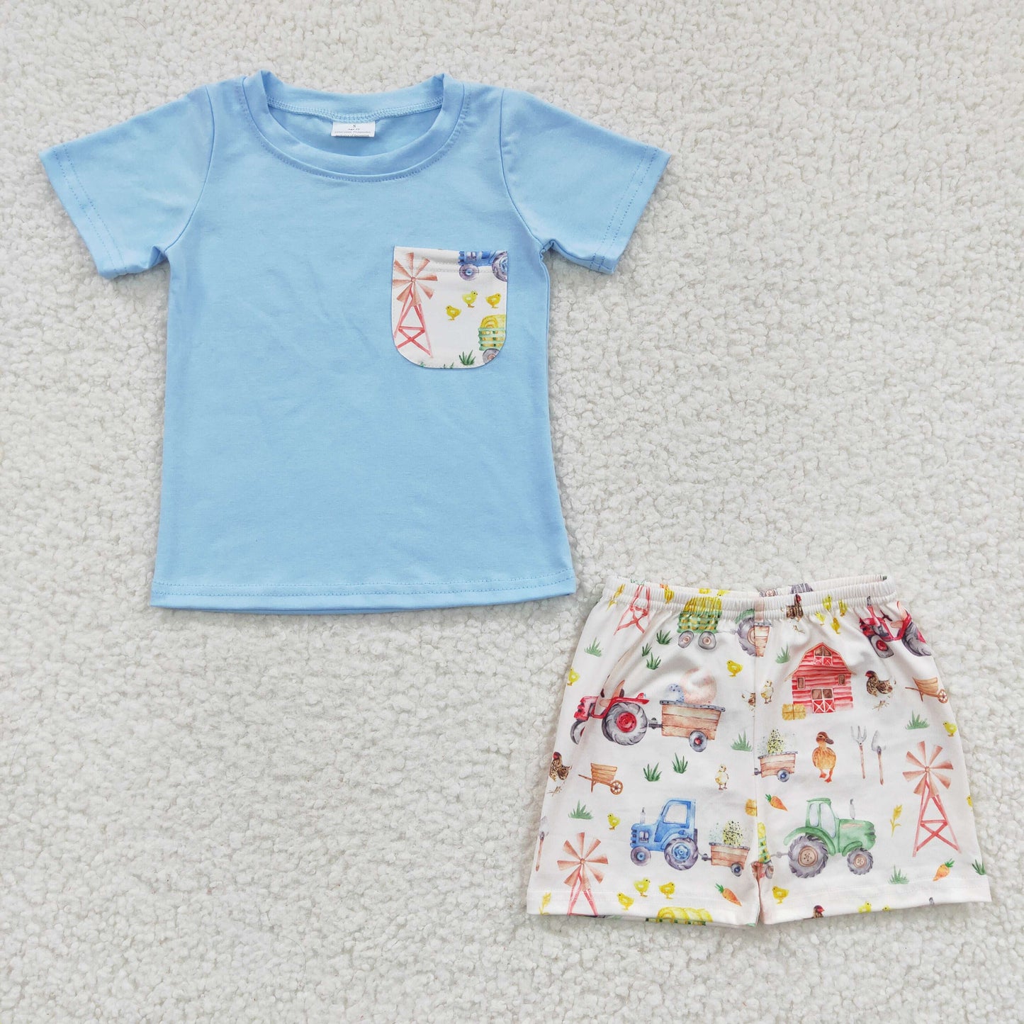 BSSO0142 Boys Farm House Blue Pocket Short Sleeve Shorts Set
