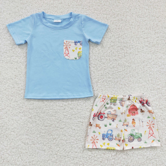 BSSO0142 Boys Farm House Blue Pocket Short Sleeve Shorts Set
