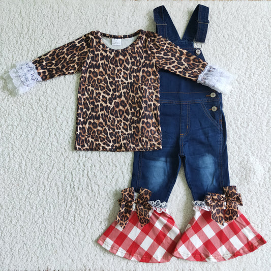 girls clothes leopard-print plaid suspender jeans