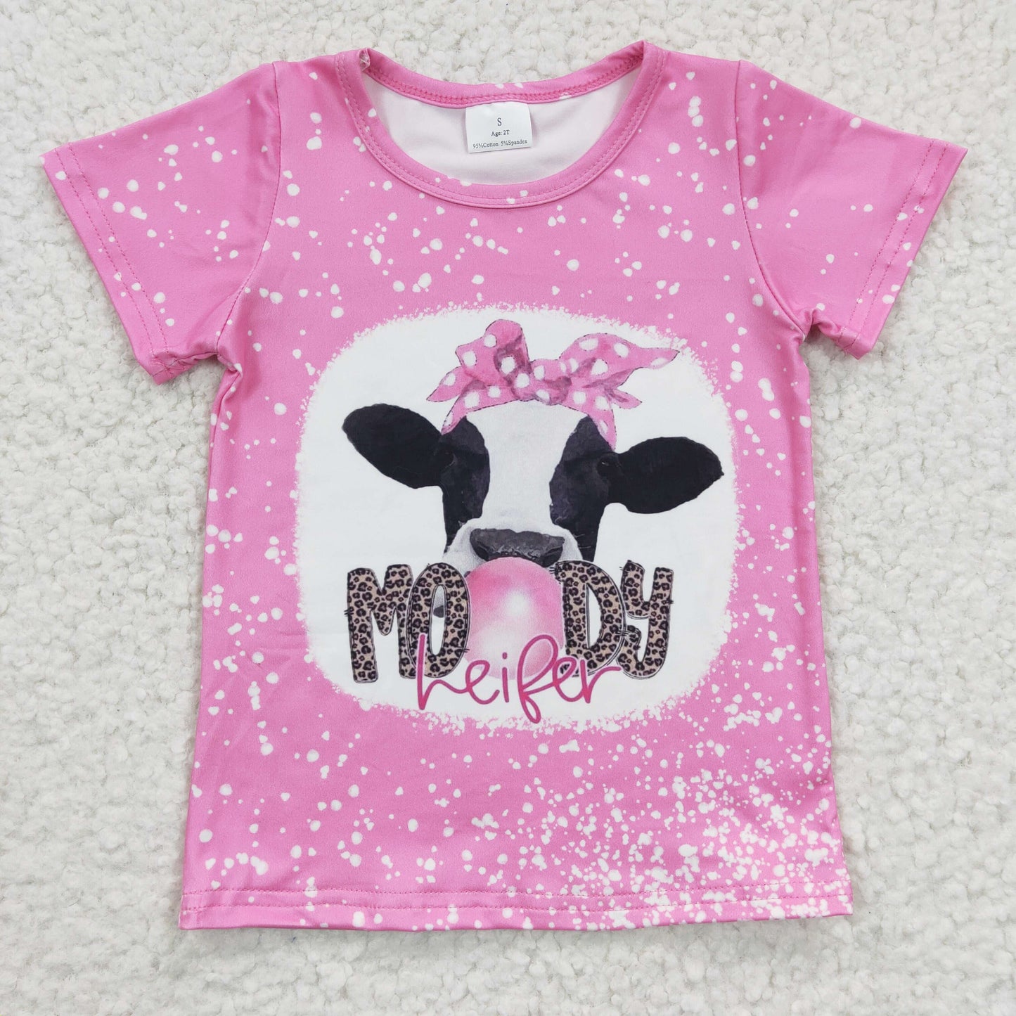 GT0128 Girls MOODY Cow Pink Short Sleeve Top