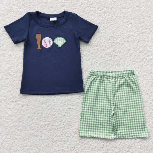 BSSO0194 Boys Embroidered Baseball Navy Blue Short Sleeve Green Plaid Shorts Set