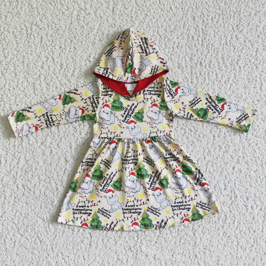 GLD0076 baby clothing long sleeve christmas tree hippo print christmas kids dresses for girls with a hat milk silk