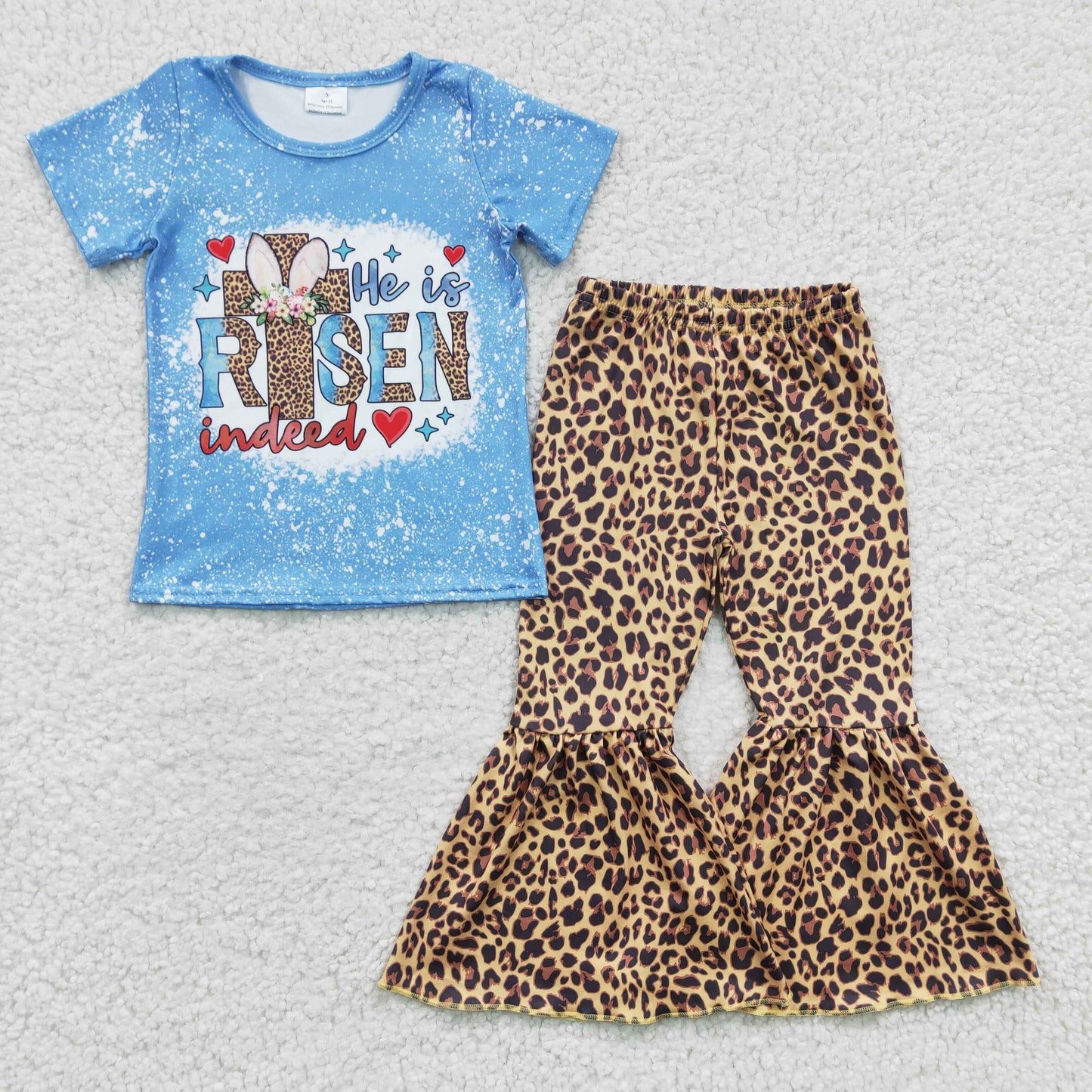 GSPO0274 Girls Leopard Cross RISEN Blue Short Sleeve Trousers Suit