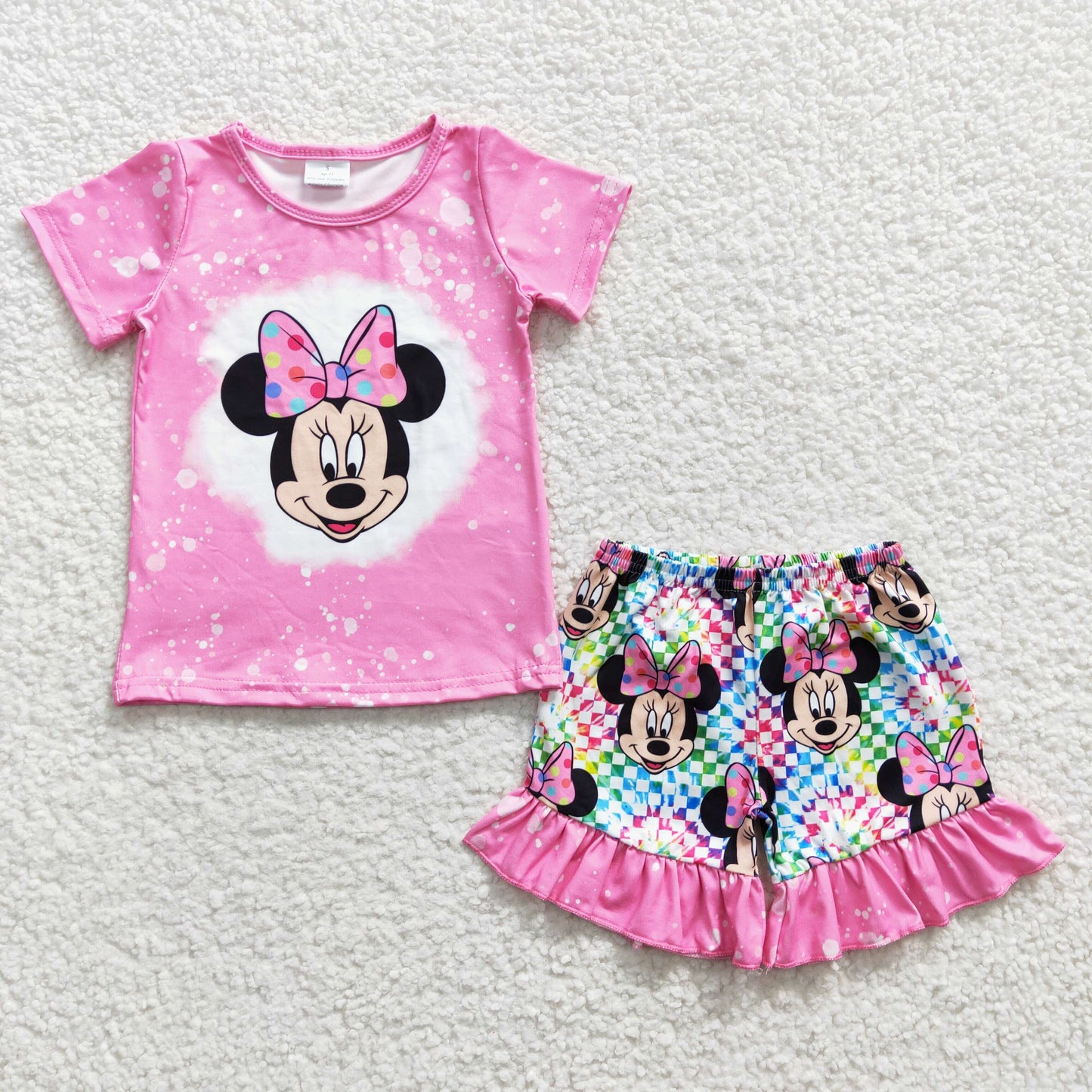 GSSO0163 Girls Mickey Mouse Minnie Pink Short Sleeve Shorts Set