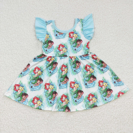 rts no moq GSD0209 Girls Mermaid Clownfish Blue Flying Sleeve Dress