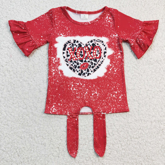 GT0127 Girls Xoxo cow pattern heart red short-sleeved top