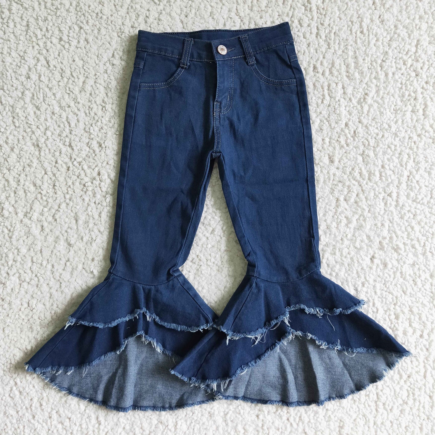 P0007 Dark Blue Double Lace Frayed Denim Trousers